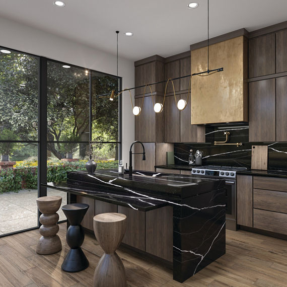 Kitchen with black quartz countertops on island and backsplash, dark wood accents, and wooden bar stools.