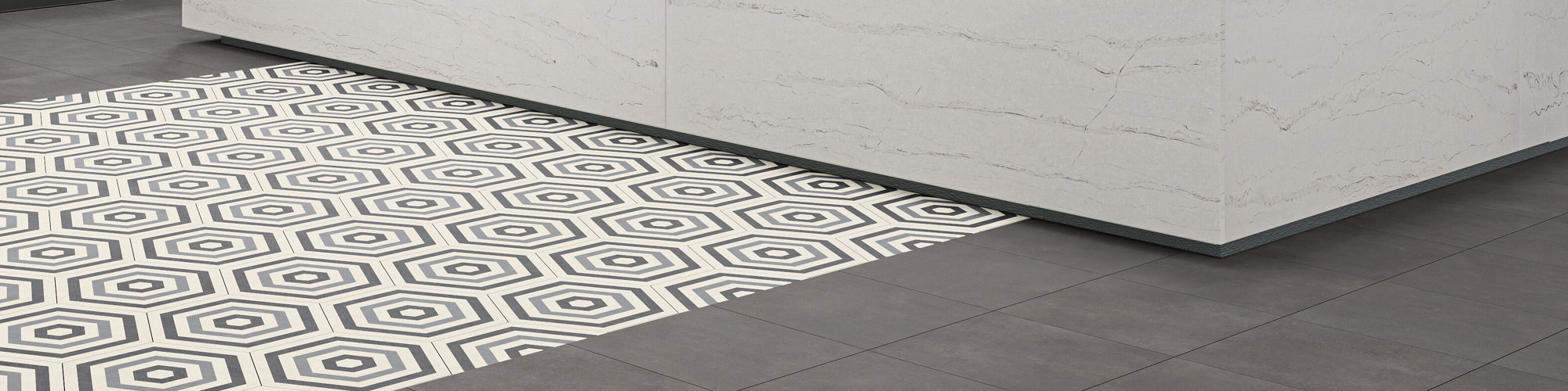 Museum reception area with gray concrete look square floor tile, white gray striped hexagon floor tile creating a tile rug in center of room, white marble look counters, and dinosaur in background.