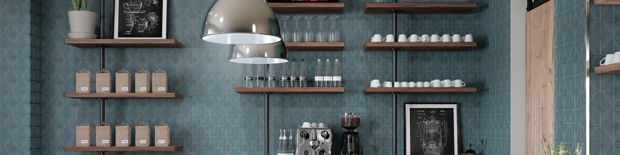 Coffee shop with wood look flooring tiles, off white stone look quartz countertops, blue diamond shaped wall tile, and floating shelves holding cups, glasses, and bags of coffee.