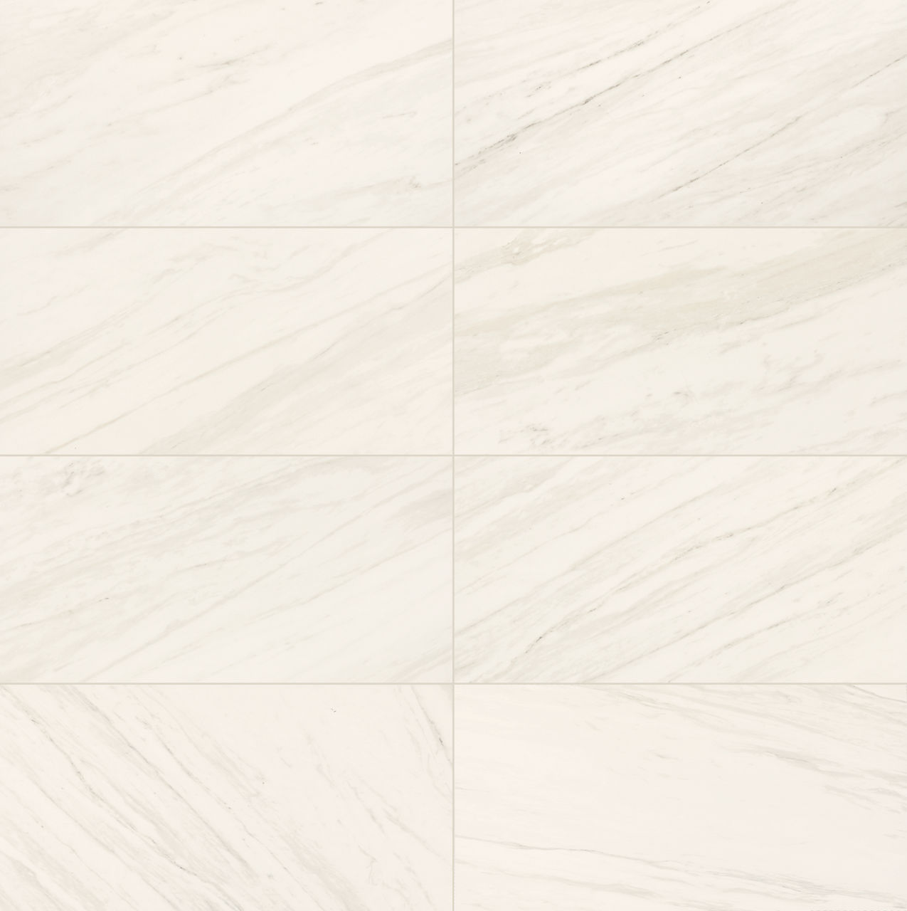 The image shows a grid of light-colored marble tiles with soft, diagonal veining. Each tile has a creamy white base with delicate gray and beige streaks running across the surface. The overall appearance is clean, minimal, and elegant, suitable for m