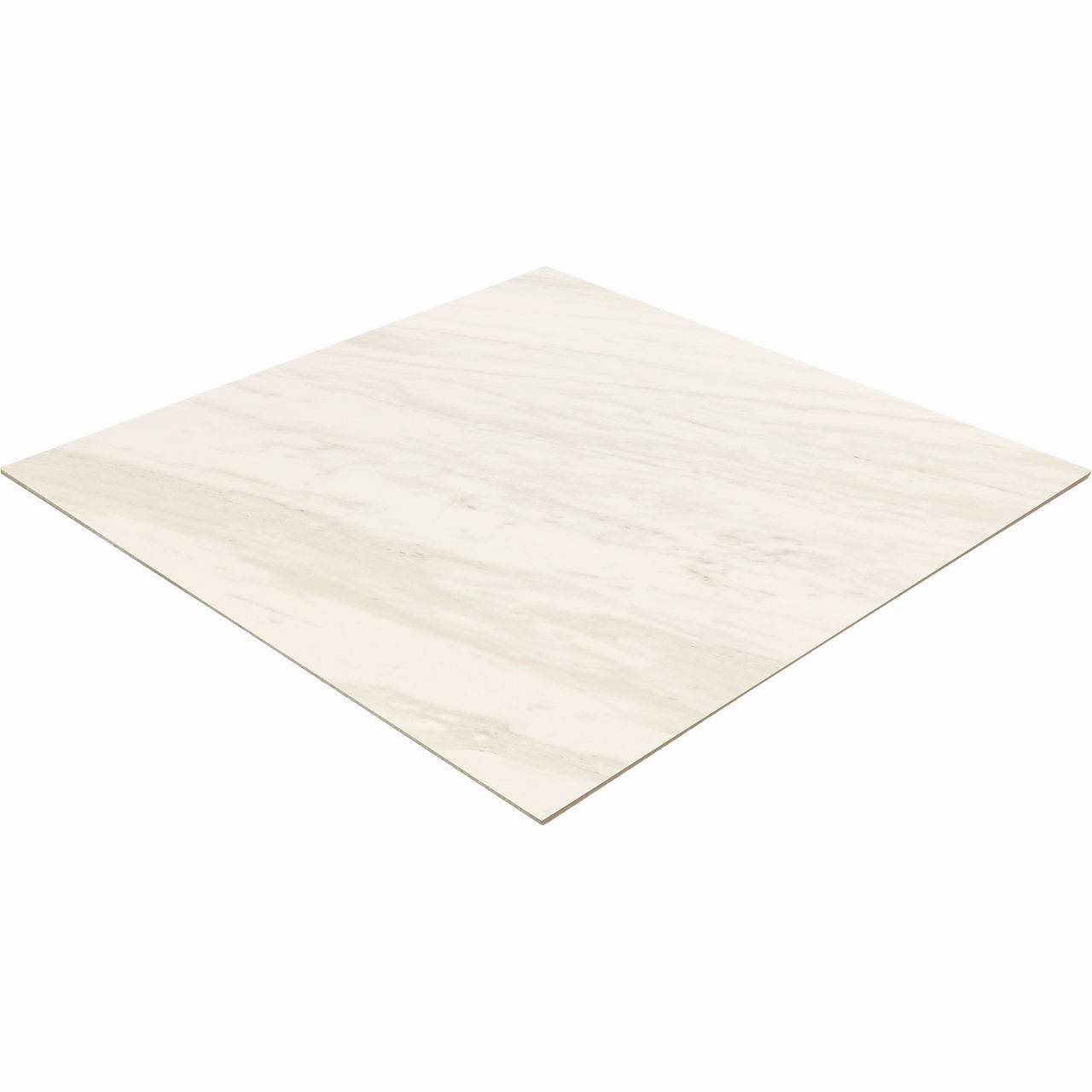 A single large ceramic tile with a cream marble effect is displayed against a plain white background. The tile features subtle beige and light brown veining, giving it a natural stone appearance. Its smooth, glossy surface and neutral palette make it