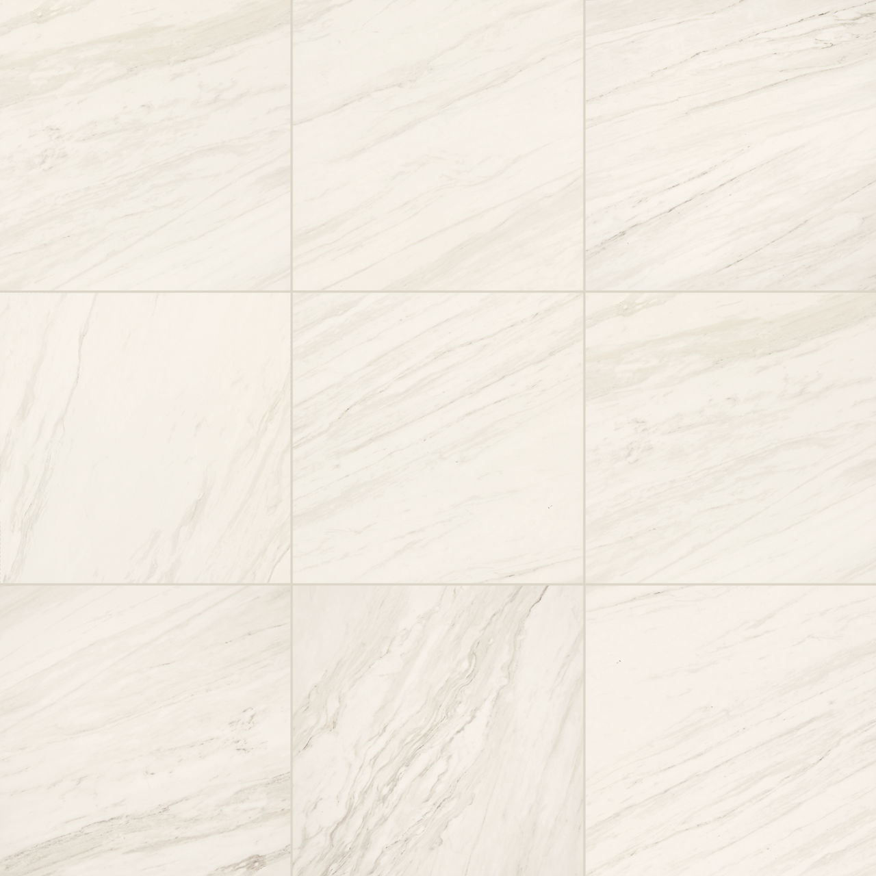 Square ceramic tiles with a light marble effect are arranged in a grid pattern. The surface features soft beige and gray veining on an off-white background. The image highlights a clean, modern flooring texture suitable for interiors. Overall, it con