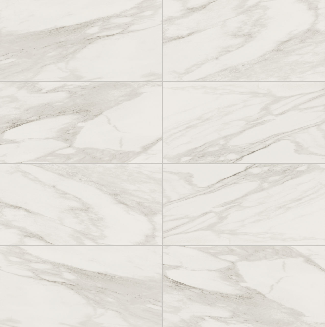 The image shows a grid of rectangular white marble tiles with soft gray veining. Tiles are arranged in a neat, repeating pattern, creating a continuous stone surface. The overall look is clean and minimal, suitable for floors, walls, or countertops. 
