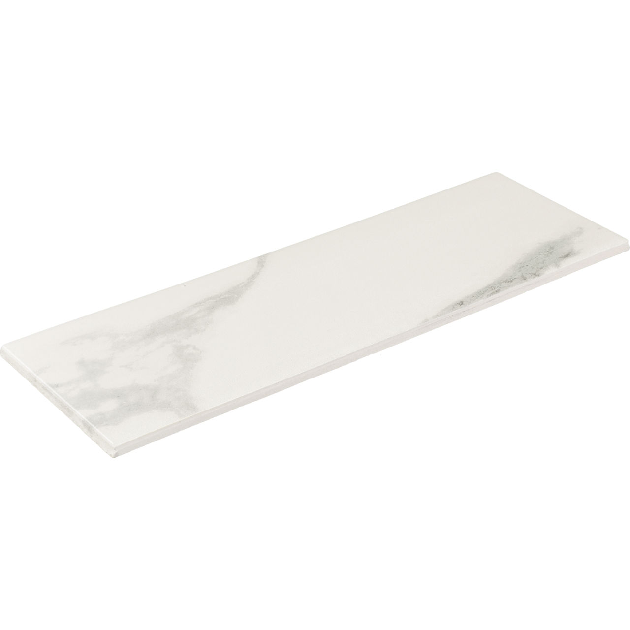Rectangular ceramic tile with a white surface and subtle gray marble-like veining is shown isolated on a white background. The tile appears thin and elongated, suggesting use for walls, backsplashes, or decorative accents. Its clean, minimalist look 