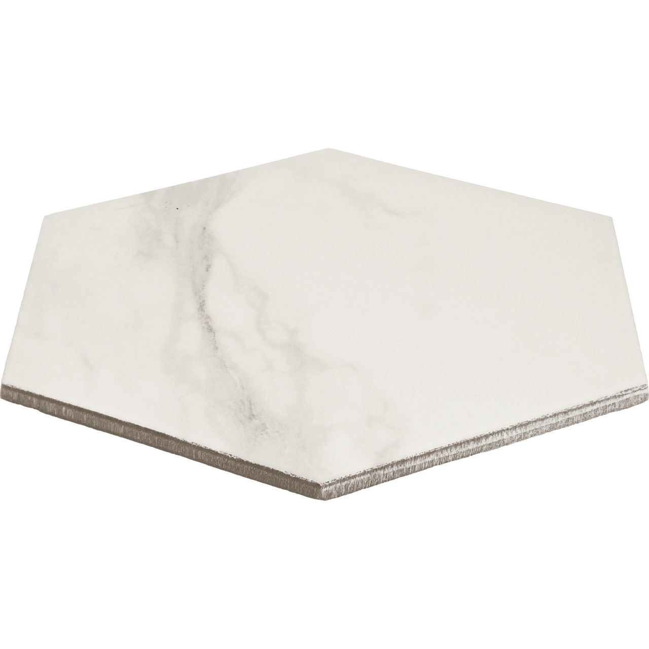 A single hexagonal ceramic tile with a white marble-like finish is displayed against a plain background. The tile features subtle gray veining, mimicking natural marble, and has a matte surface texture. Its geometric shape and neutral palette make it
