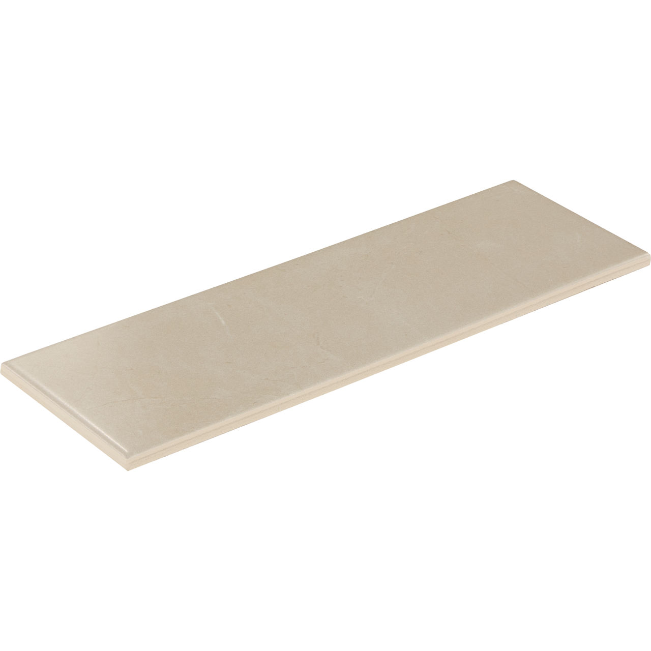 A single rectangular beige tile is displayed against a white background. The tile has a smooth, slightly glossy surface with subtle natural veining. Its clean edges and neutral color suggest use for floors, walls, or countertops in modern interiors. 