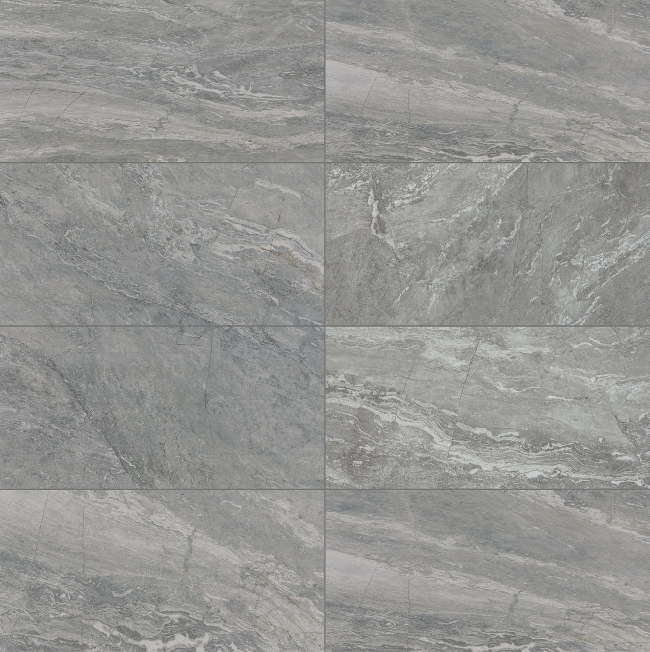 Image of a gray stone tile surface arranged in a grid pattern. Each rectangular tile features natural, flowing mineral veining and subtle texture variations. The overall appearance is cool-toned with shades of gray and hints of white. This surface is
