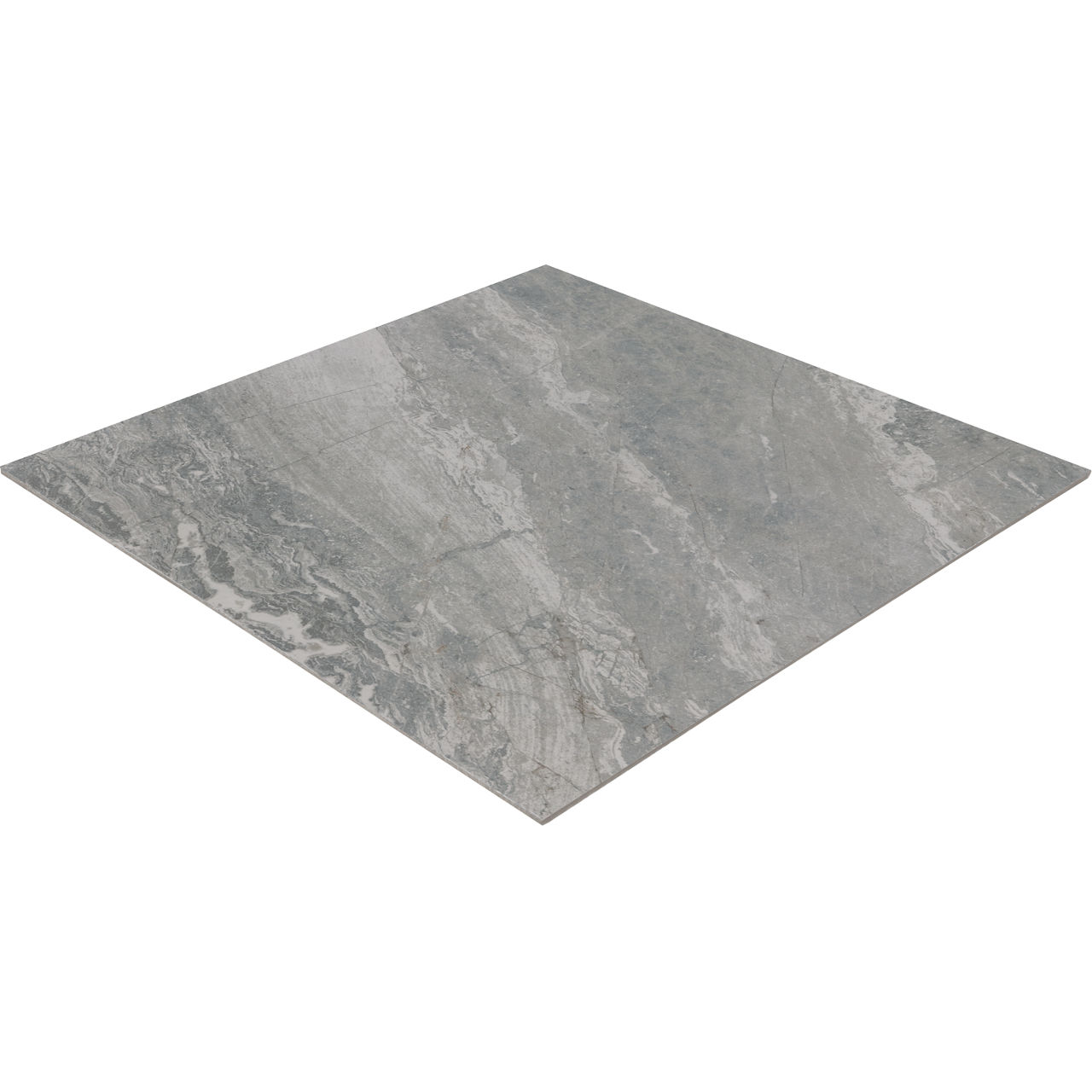 A single square ceramic tile with a gray stone-like appearance is shown against a white background. The tile features natural veining and subtle color variations, mimicking real stone. Its surface is matte with a cool-toned palette, suitable for mode