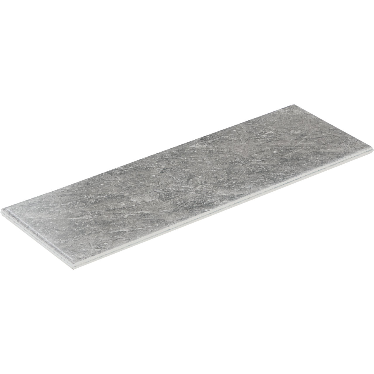 Rectangular gray tile with a stone-like texture is shown isolated on a white background. The tile features subtle marbling and natural-looking veining across its surface. Its slim profile and clean edges suggest use for flooring, wall cladding, or co