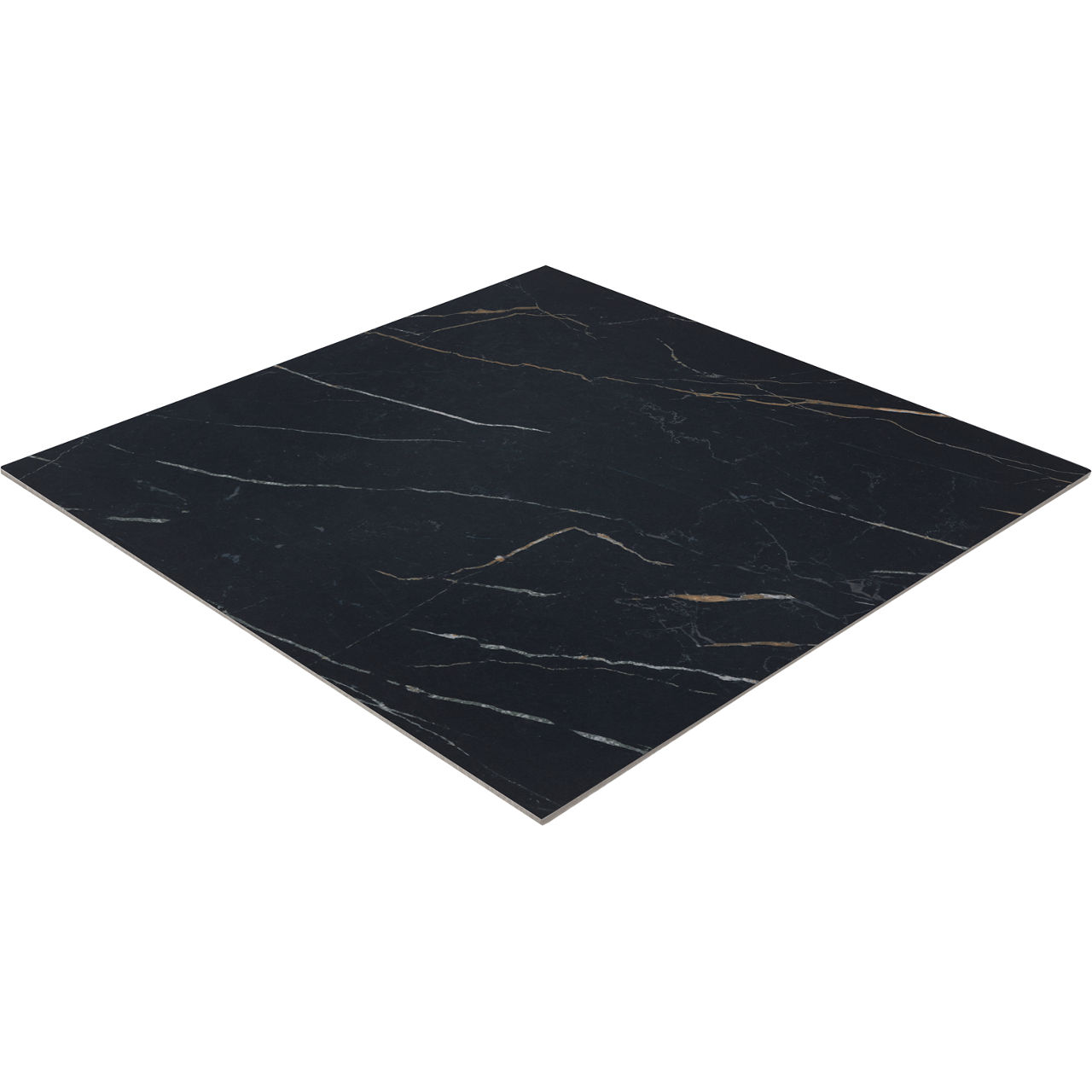 A single square ceramic tile featuring a black marble effect with subtle white and gold veining. The tile is displayed on a white background, highlighting its smooth, polished surface and elegant pattern. No visible text, numbers, or branding appear 