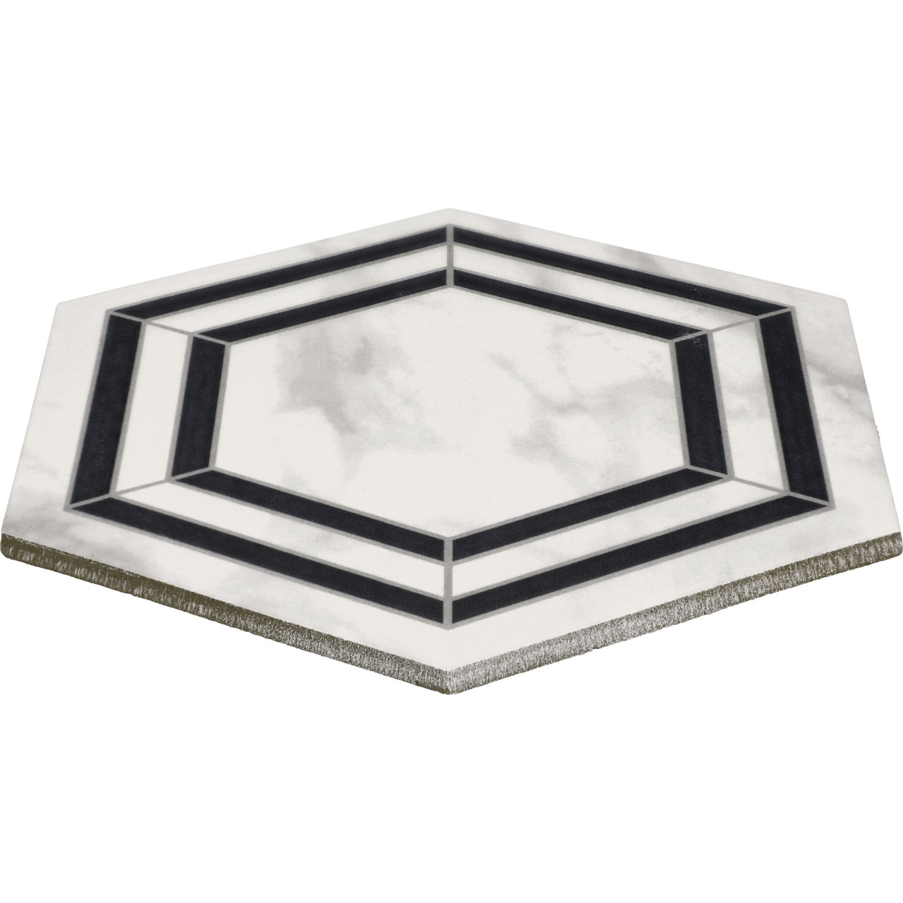 A single hexagonal tile featuring a marble-like white surface with subtle gray veining. The tile is accented by bold black geometric lines forming a double border near the edges. The clean, modern design makes it suitable for contemporary interior se