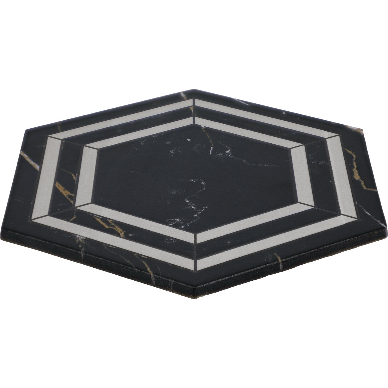 A single hexagonal tile featuring a black marble surface with subtle white and gold veining. The tile is decorated with two concentric silver geometric lines, creating a modern and elegant visual effect. The surface appears smooth and polished, suita