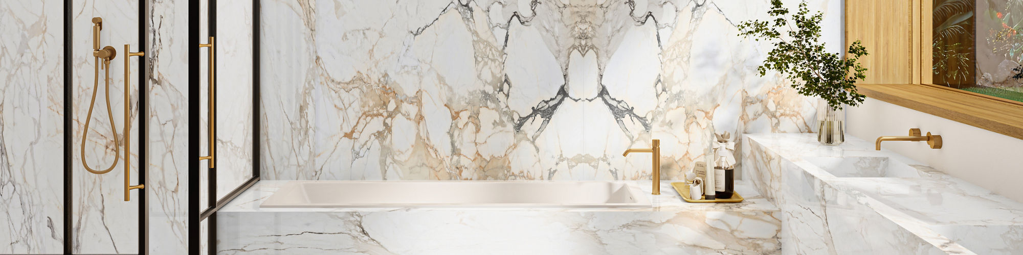 Bathroom with white marble look tile on floor and back wall, gold and black accents, and a large window showing greenery.