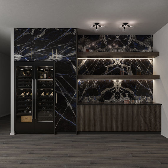 In house bar with black marble look porcelain on backsplash and back wall, wood look floor tile, and drinks on the countertop.