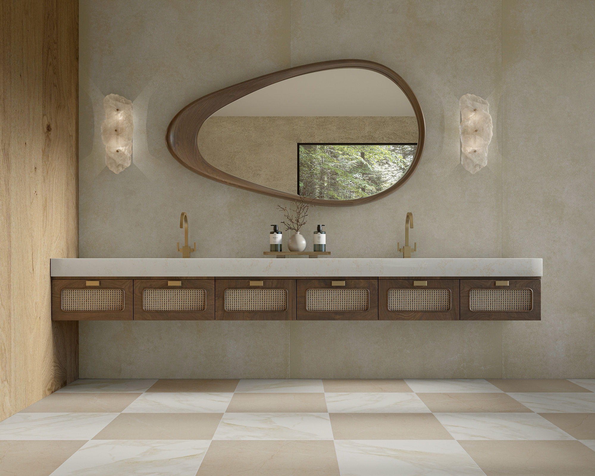 Bathroom with white countertop, white and beige marble look square tiles on floor in checkerboard pattern, and wood accents.
