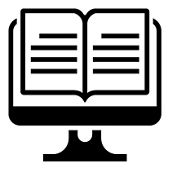 A black and white icon of an open book displayed on a computer screen.