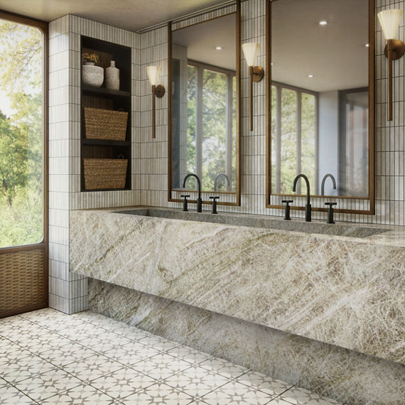 Bathroom with double sink, beige quartz countertops, white encaustic floor tile, two large rectangle mirrors above sink, and black accents.