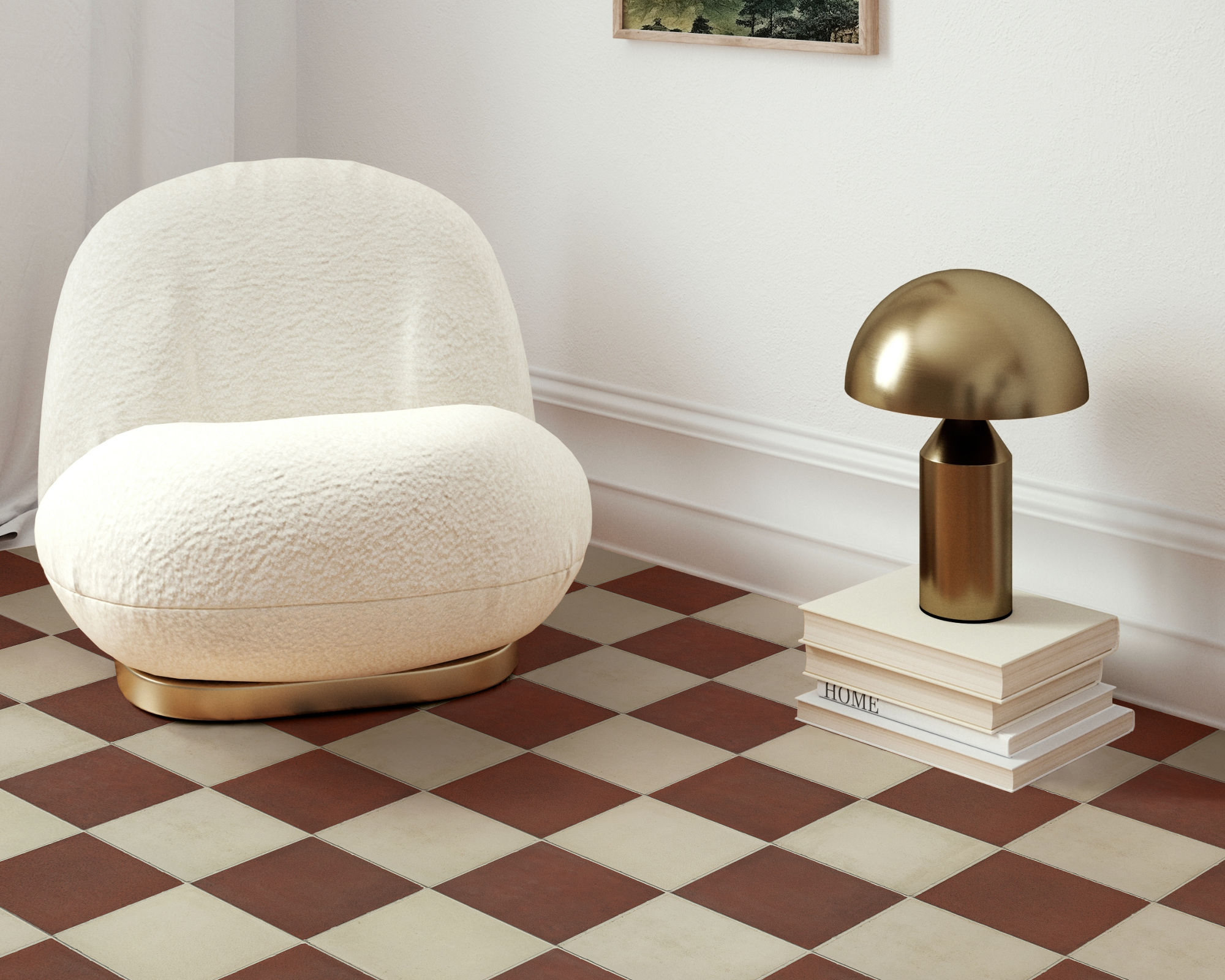 Living room with red and white square floor tile, small white chair, and small lamp.