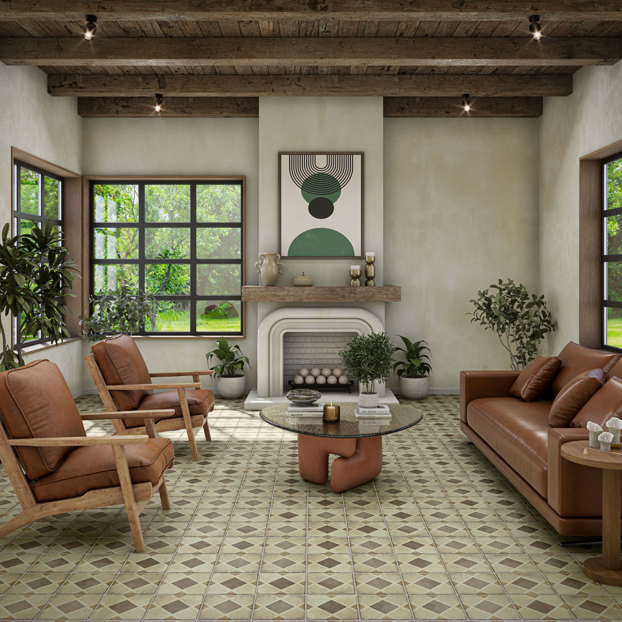 A stylish living room features mid-century inspired leather armchairs and a matching sofa arranged around a round coffee table. Rustic wooden ceiling beams and a patterned tile floor add texture to the bright, neutral space. Large windows reveal lush