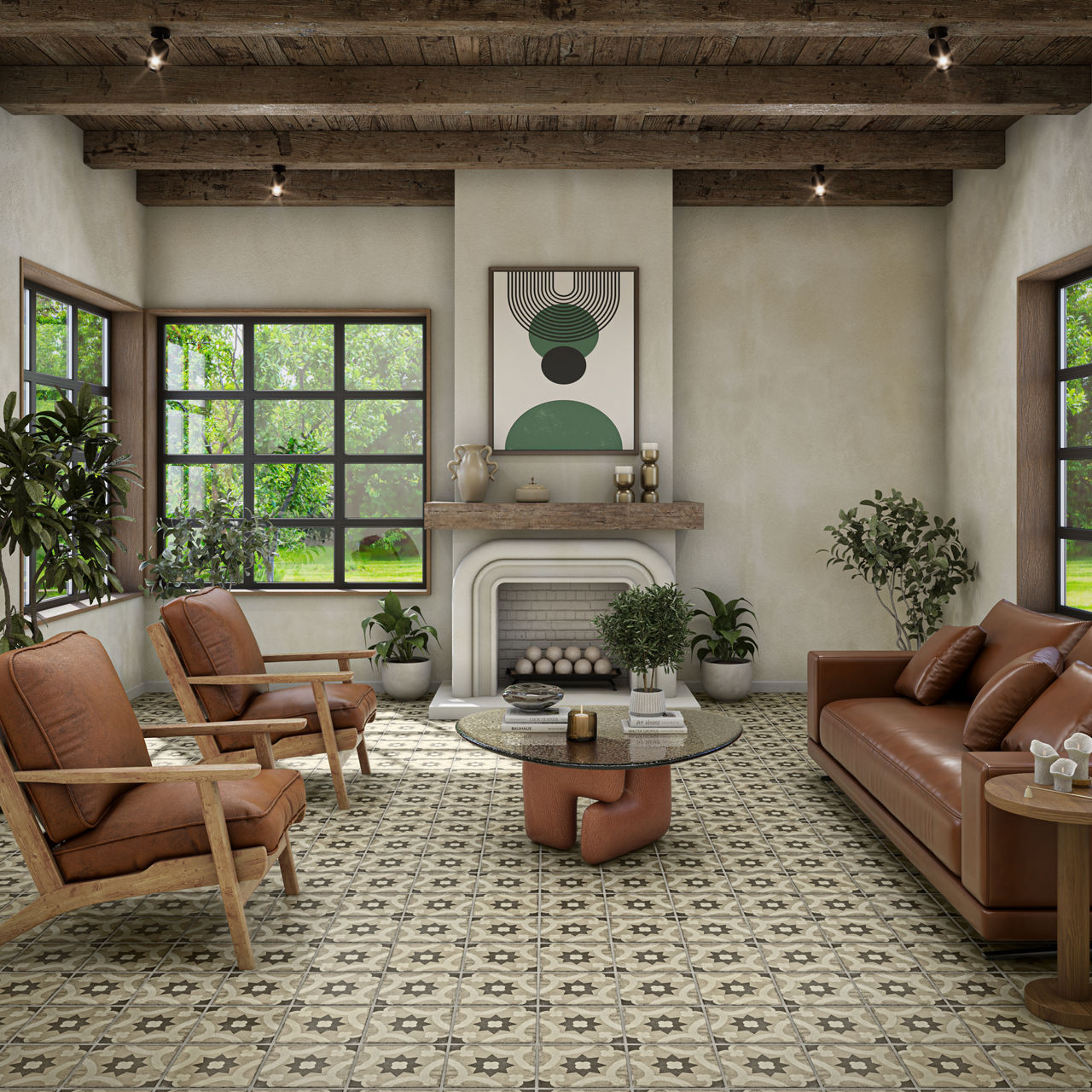 A stylish living room features mid-century inspired leather armchairs and a matching sofa arranged around a low coffee table. Large windows reveal a lush green garden outside, filling the space with natural light. A decorative fireplace with plants a