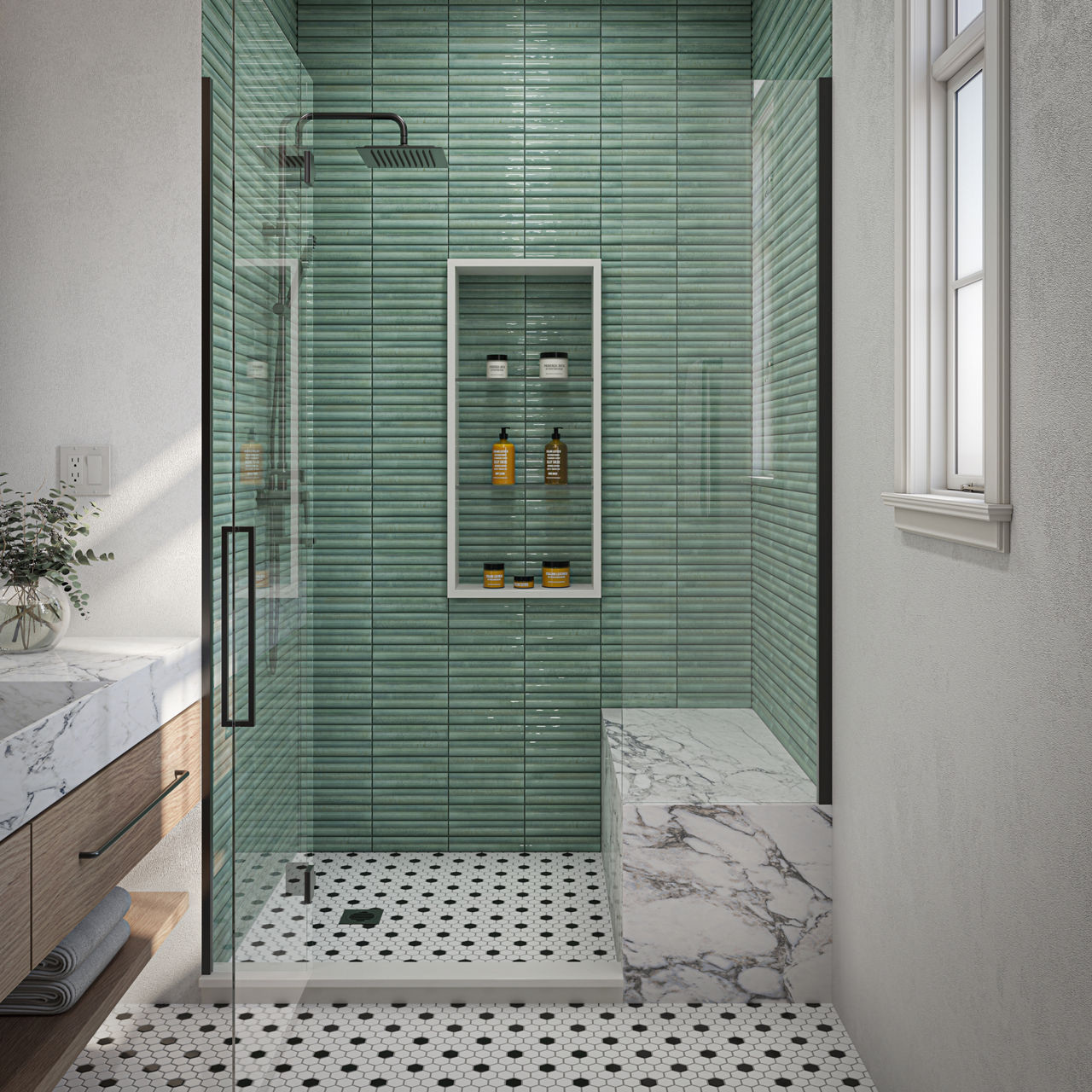 Bathroom with light blue fluted rectangle mosaic on shower walls, white marble look countertop and shower bench, white and black hexagon mosaic on floor, and white walls.