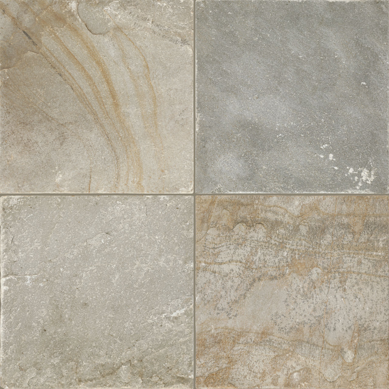 Textured gray natural stone 12x12 tile with subtle tonal variation, scattered white specks, and irregular organic patterns.