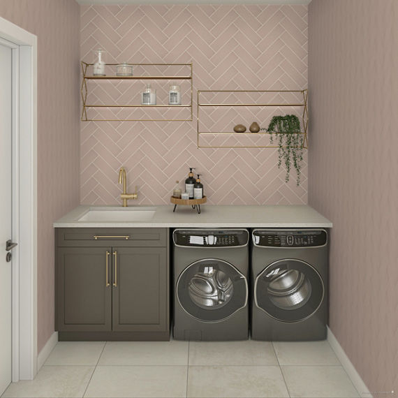 Laundry room with pink rectangle tile on walls in a herringbone patter, white floor tile, and gray cabinets.