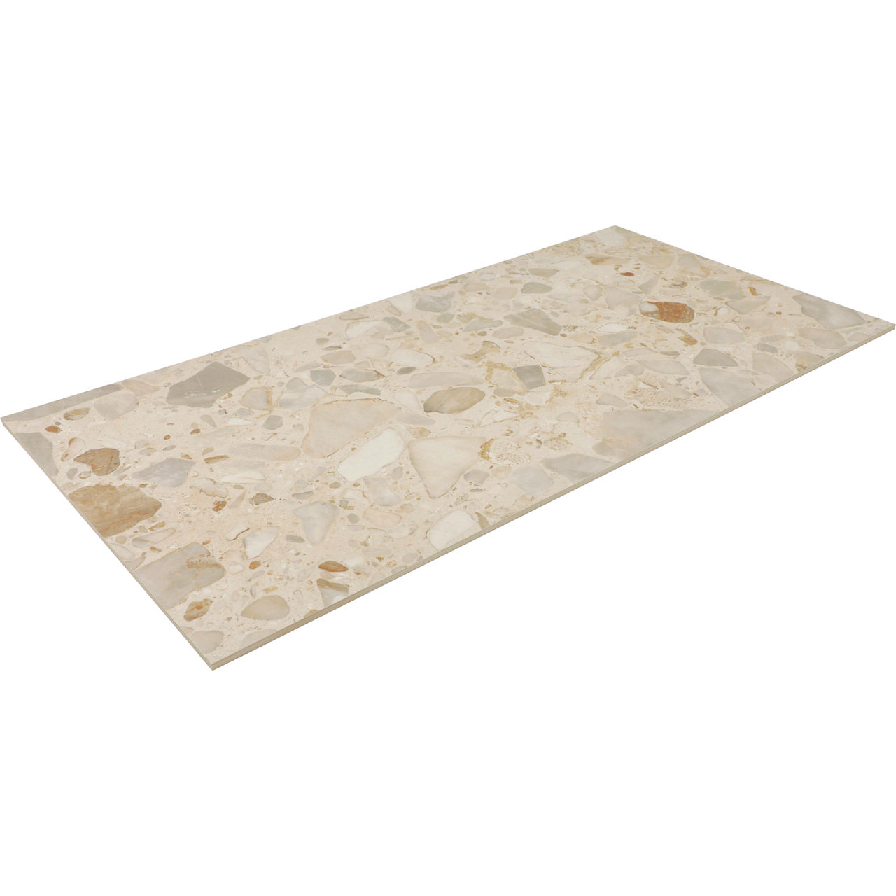 Rectangular beige terrazzo tile is shown isolated on a white background. The surface features a mix of irregular stone chips in light brown, cream, and gray tones. The tile appears flat and smooth, suitable for flooring or wall applications. No text 