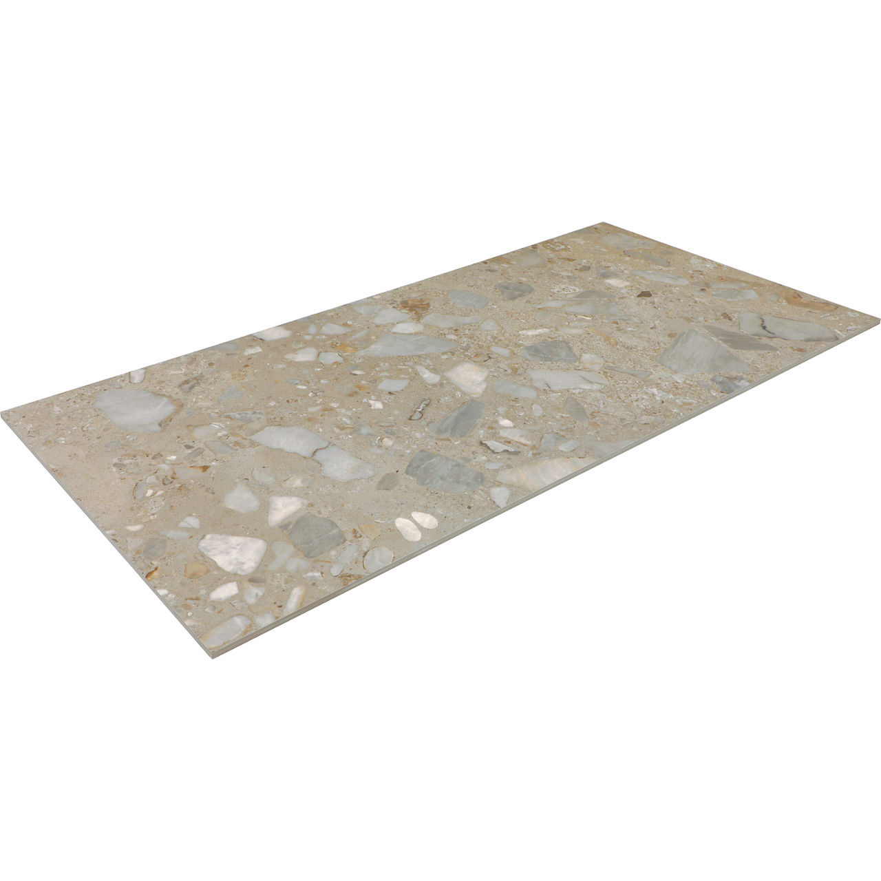 Image of a single rectangular terrazzo-style floor tile isolated on a white background. The tile surface features a mix of light beige, gray, and off-white stone chips embedded in a neutral base. Subtle variations in texture and color give the tile a