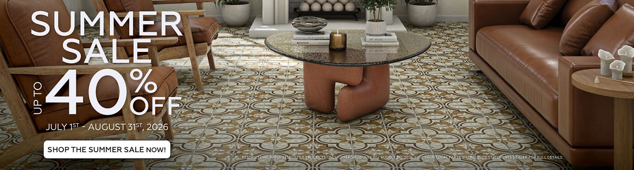 Promotional banner highlighting a summer sale offers a view of a stylish modern living room. The scene features brown leather sofas, a patterned rug, and a glass coffee table with books and decor. Large white text on the left announces a summer sale 