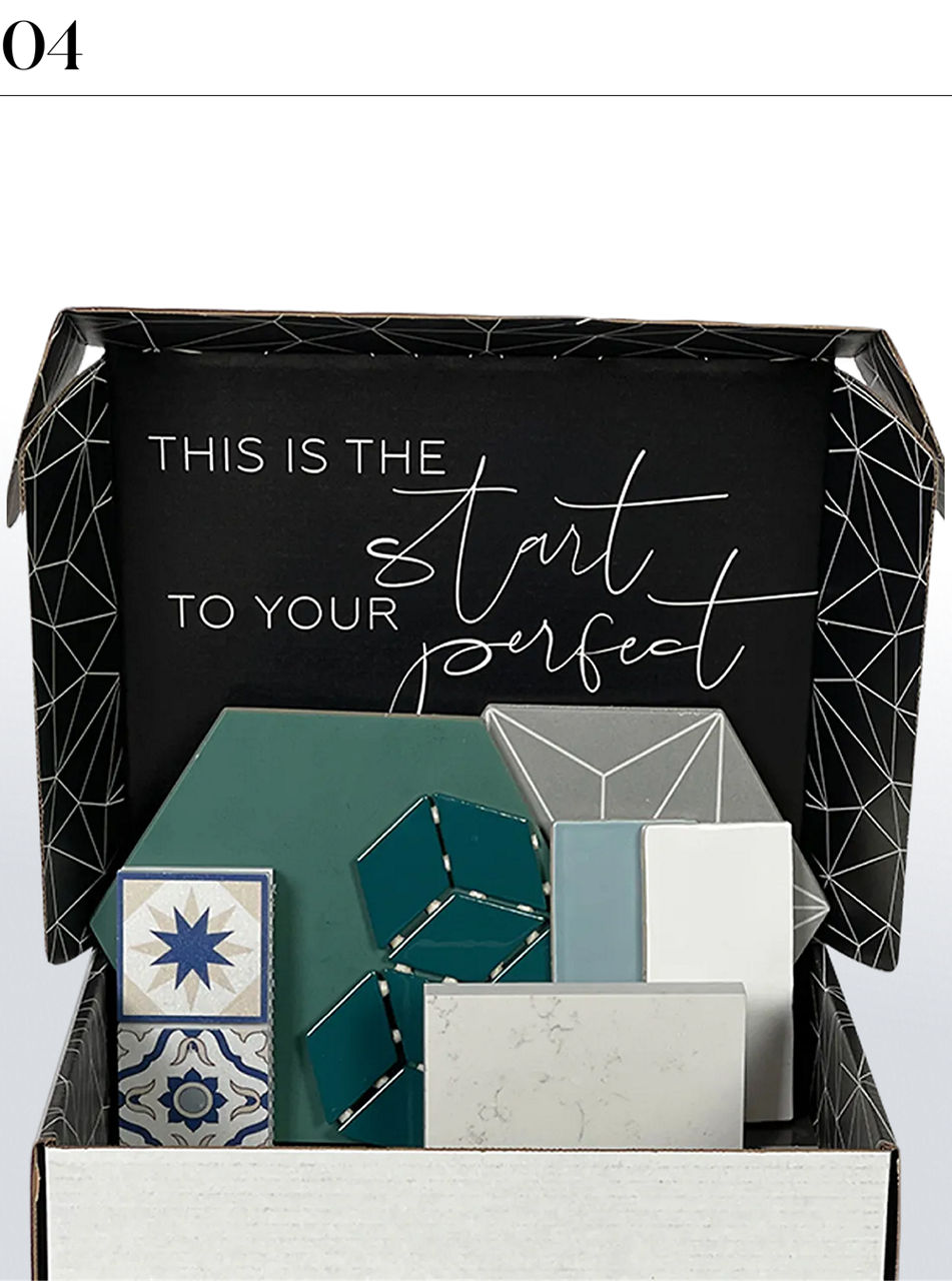 Curated tile sample box showcasing decorative shapes, colors, and surface finishes.