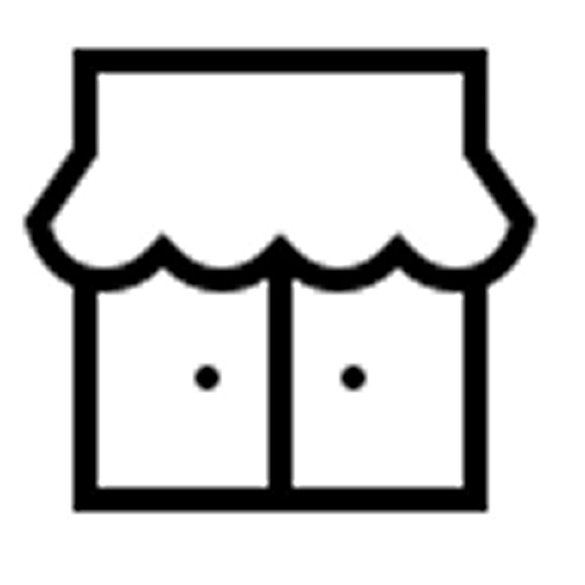 Minimal black and white icon depicting a small storefront. The design features a flat roof with a scalloped awning and two closed doors. Each door has a small circular handle, emphasizing the entrance. The overall style is clean and geometric, suitab