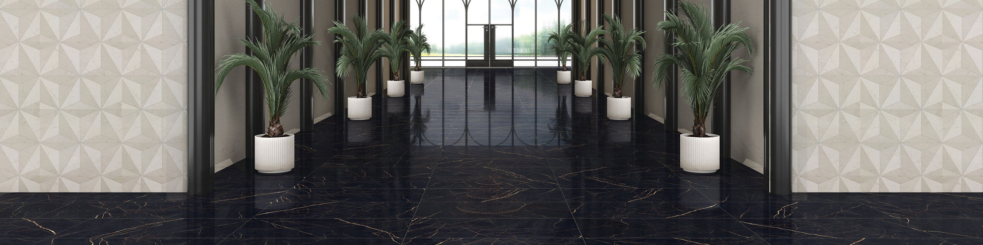 A contemporary hallway features a series of black-trimmed arches leading to large windows at the far end. The walls display a subtle geometric pattern, while the floor is finished in glossy black marble with gold veining. Potted plants line the corri