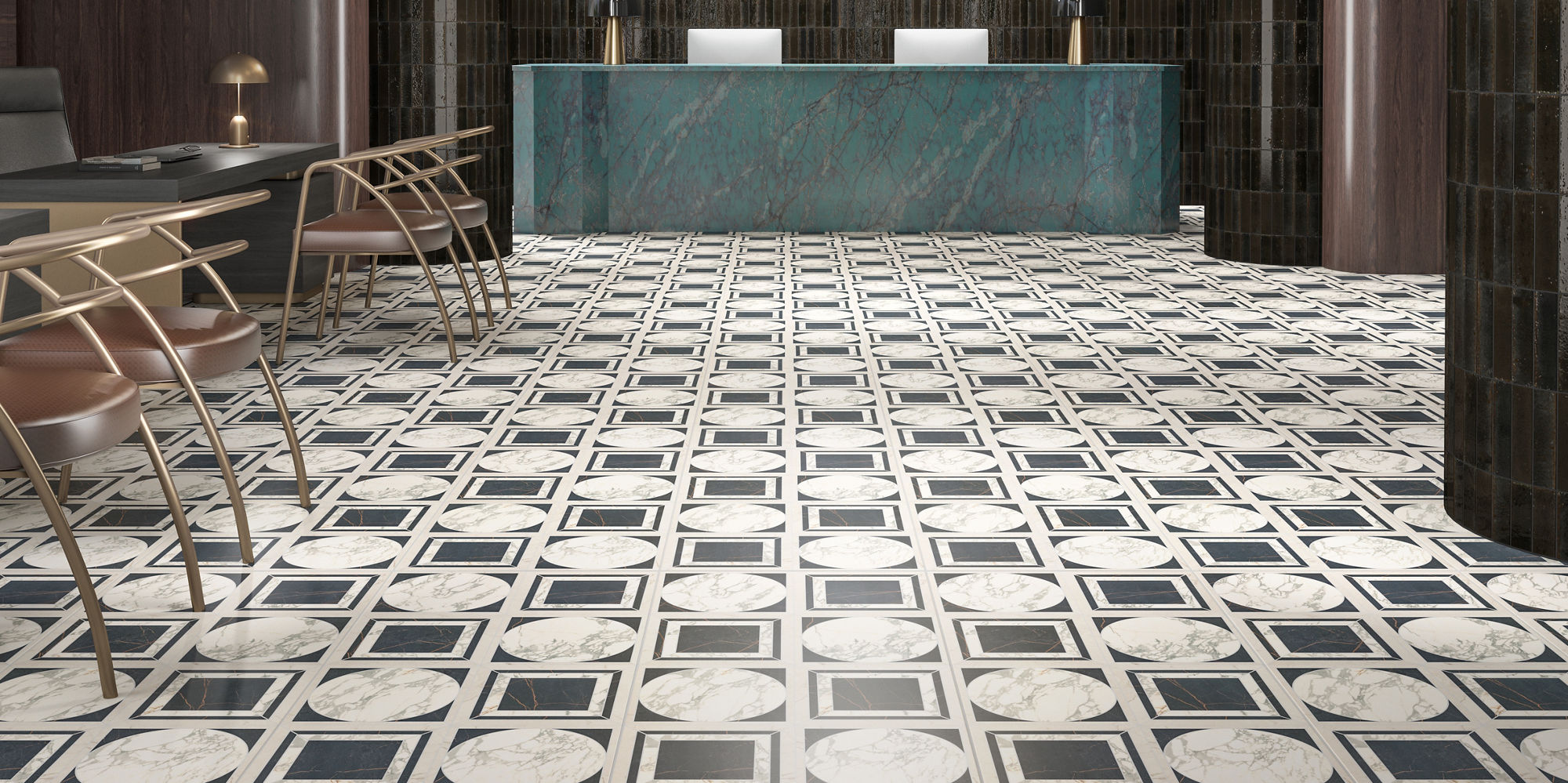 Restaurant with white encaustic square floor tile, wood walls, and accent walls with black subway tile.
