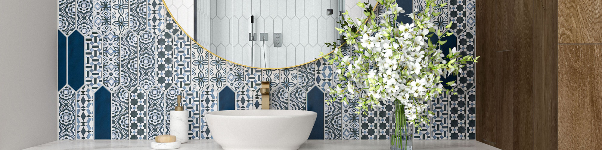 Bathroom with encaustic picket tile on back wall, marble counter, wood floor, and circle mirror above sink.