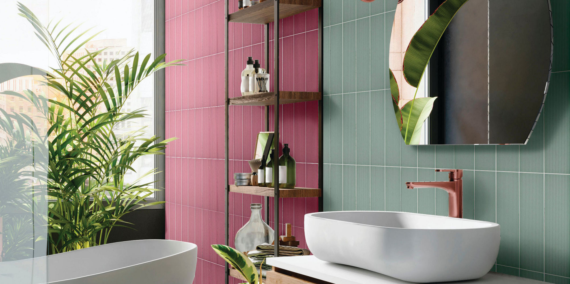 Colorful bathroom with light green tile flooring laid in a herringbone pattern, light green and maroon backsplash, floating wood vanity with vessel sink.
