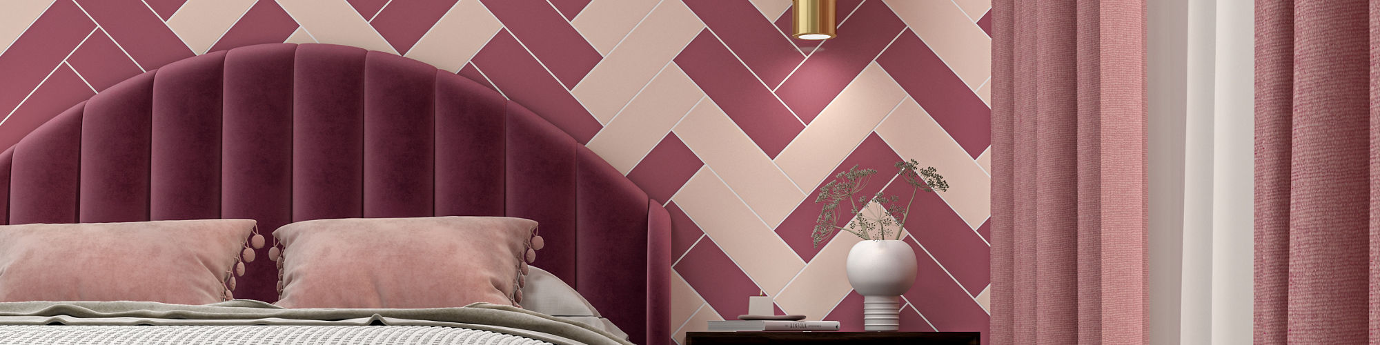 Art deco style bedroom with pink tile on back wall, white hexagon floor tile, a pink bed with pink headboard, a wooden nightstand, and pink and white curtains.