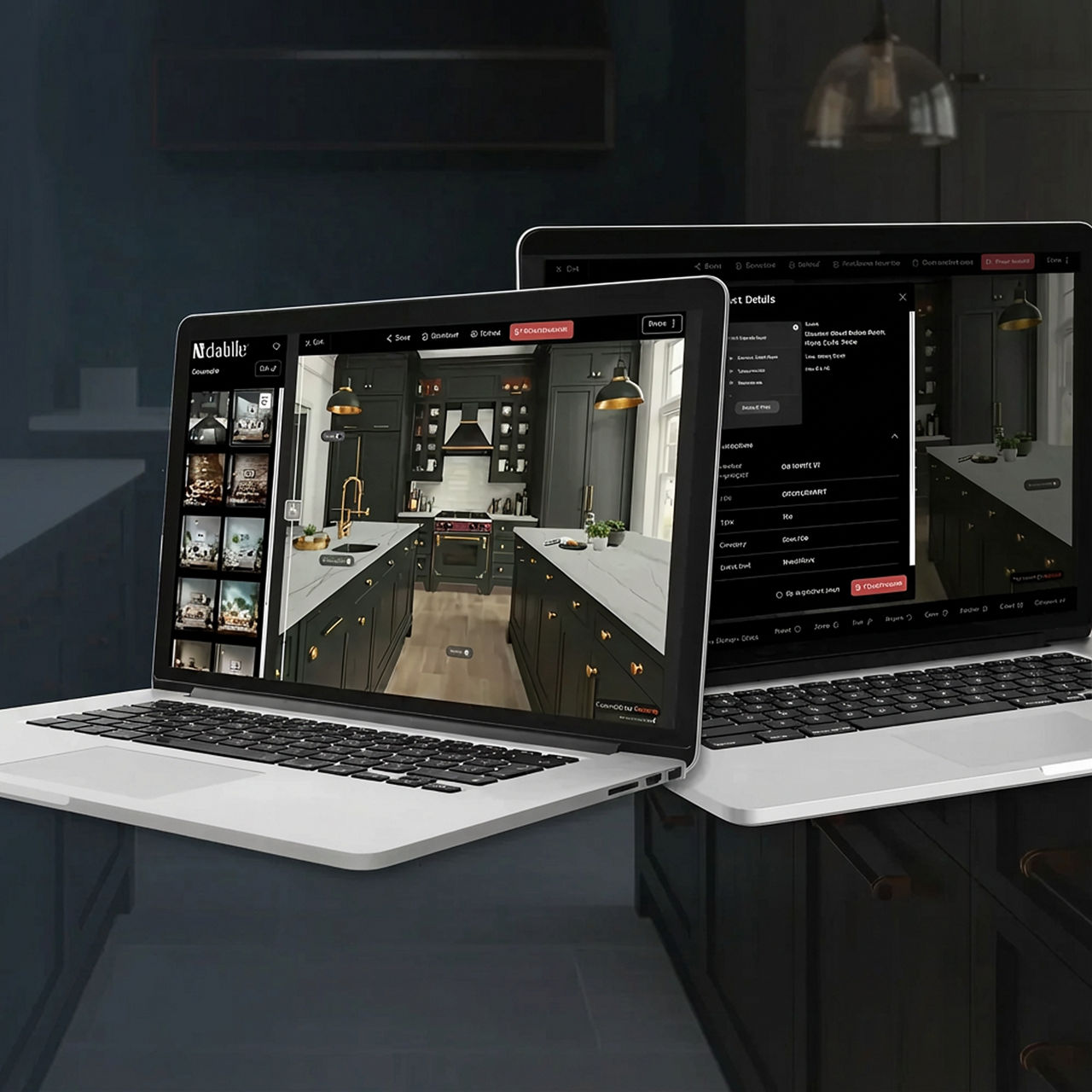 Digital interior styling tool displaying room visualization and material selection options on a laptop.