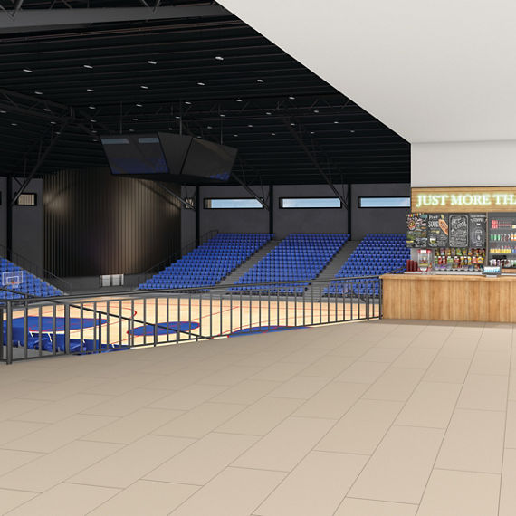 Basketball stadium with blue seating, concession stand area with beige floor tile that looks like concrete, and woodgrain checkout counter.
