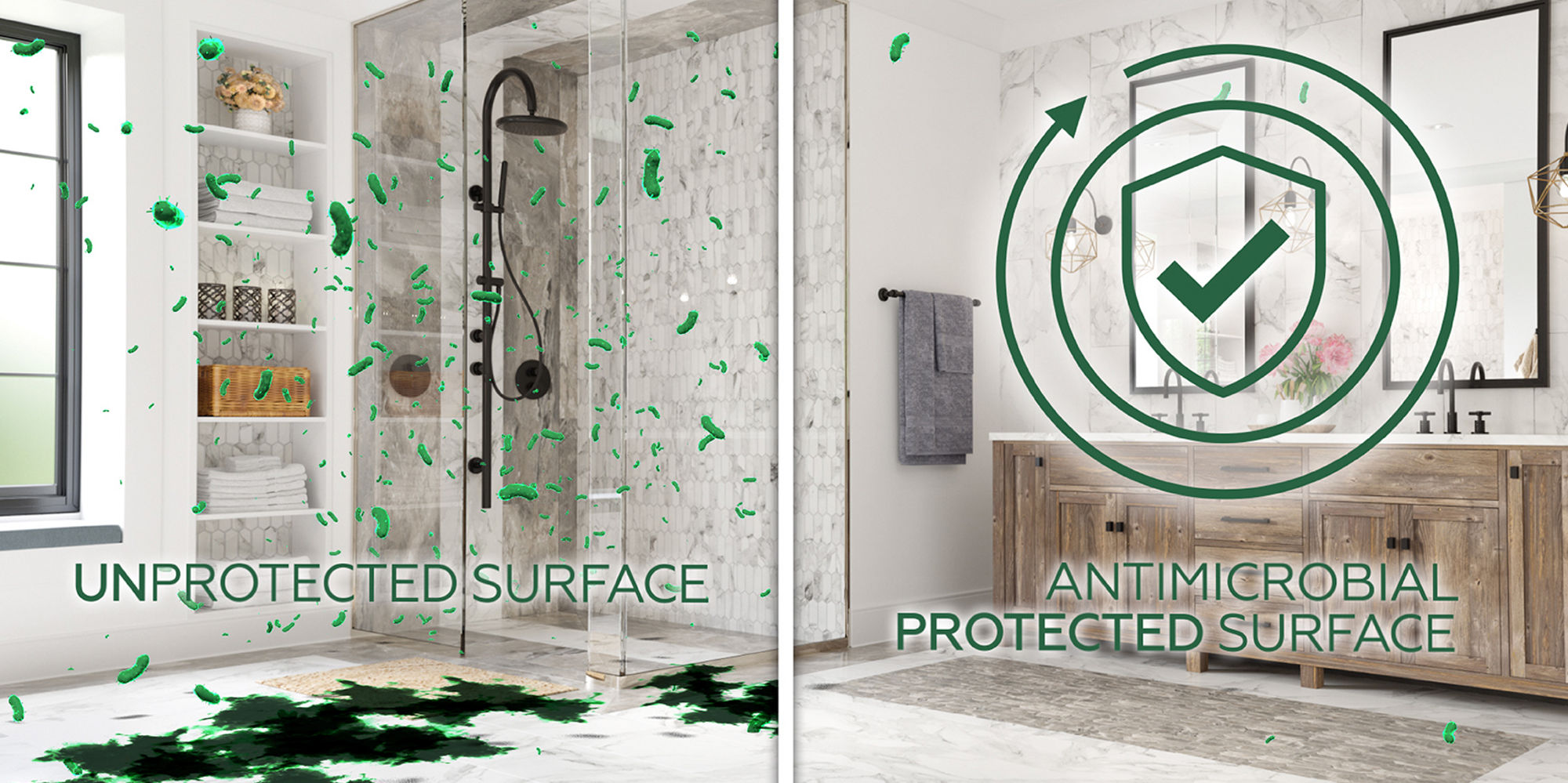 Split-screen bathroom image compares an unprotected shower area with an antimicrobial protected vanity area. The left side shows a glass shower enclosure and floor covered with green splatter representing germs on an unprotected surface. The right si
