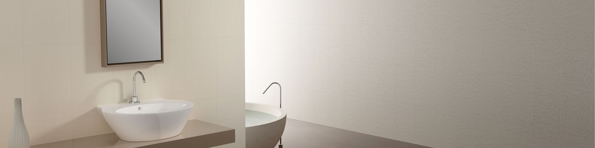 Ultra modern bathroom with brown floor tile, tan floating vanity hold a white vessel sink, beige wall tile, and soaker bathtub. 