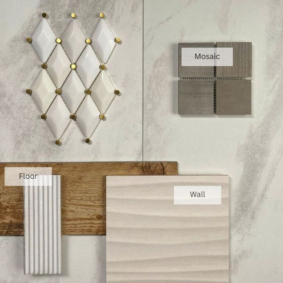 This flatlay contains white marble look rectangle tile, white harlequin mosaic, square stone look mosaic, wood look plank tile, white structured subway tile, and square beige tile with wave design.
