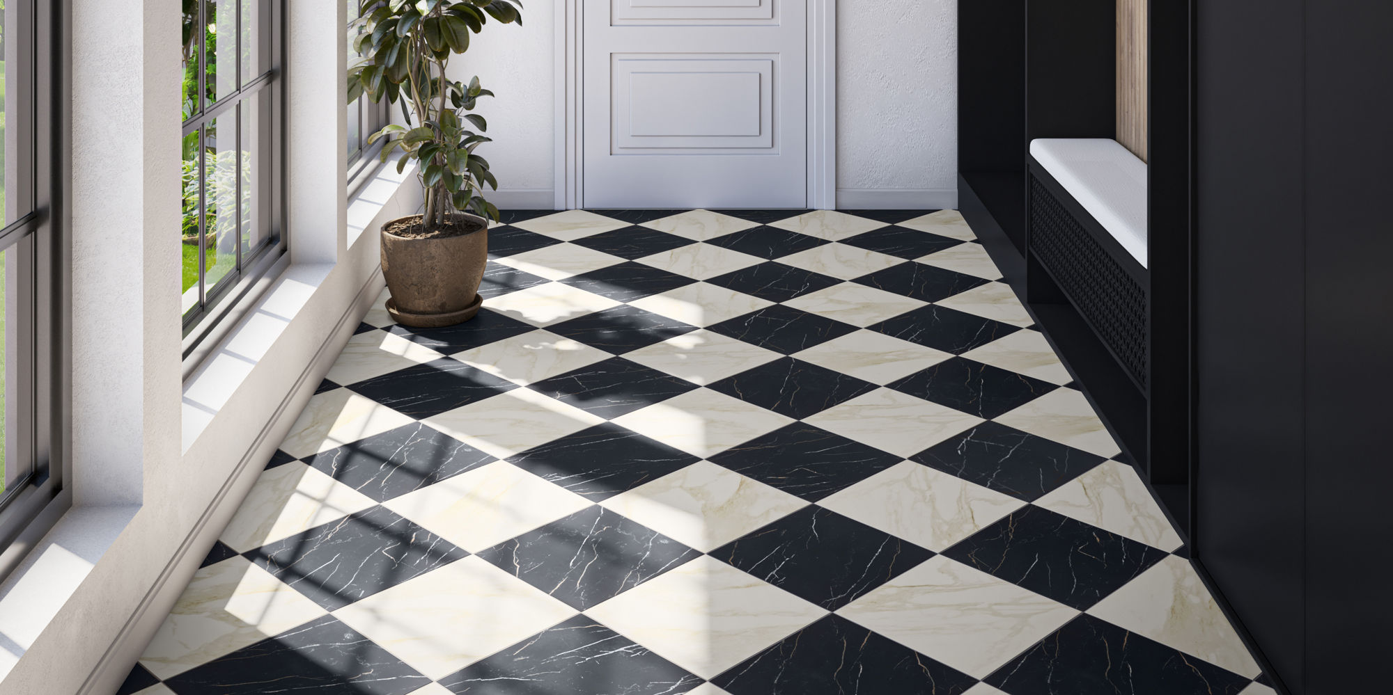 Bright natural light fills a modern hallway with large grid windows on one side. A white paneled door with a black handle stands at the end of the corridor. The floor features bold black and white checkered tiles that create a striking geometric patt