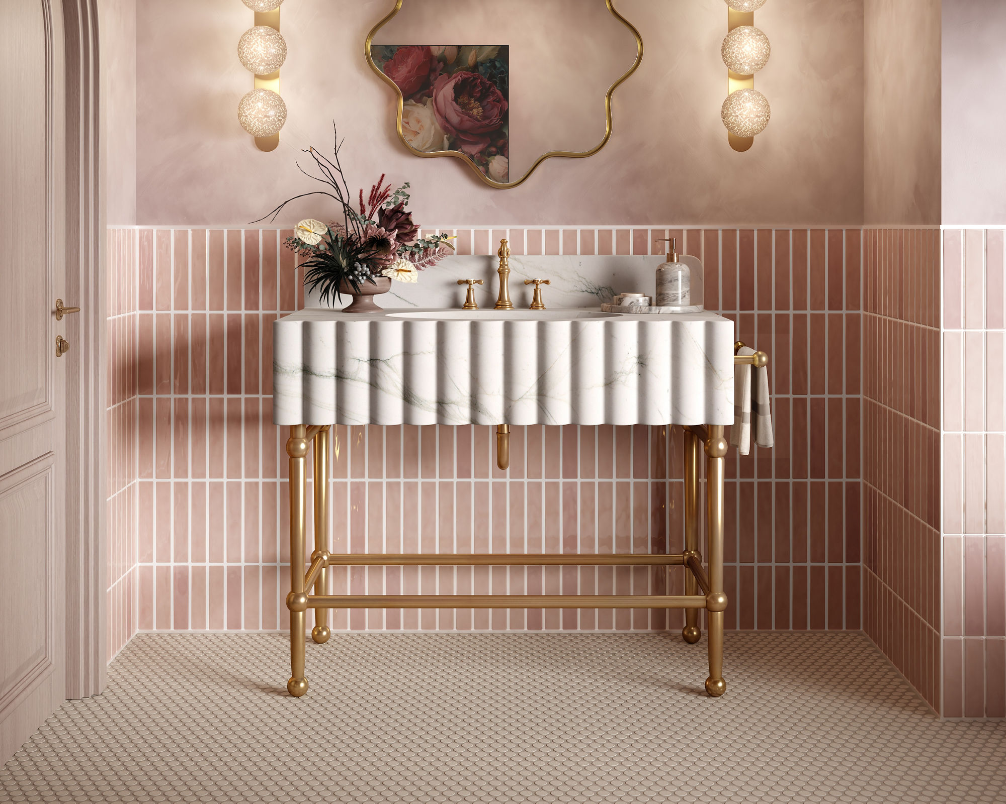 Bathroom with pink rectangle tile on bottom half of wall in vertical pattern, pink walls on top half, beige penny round mosaic on floor, and white marble look sink.