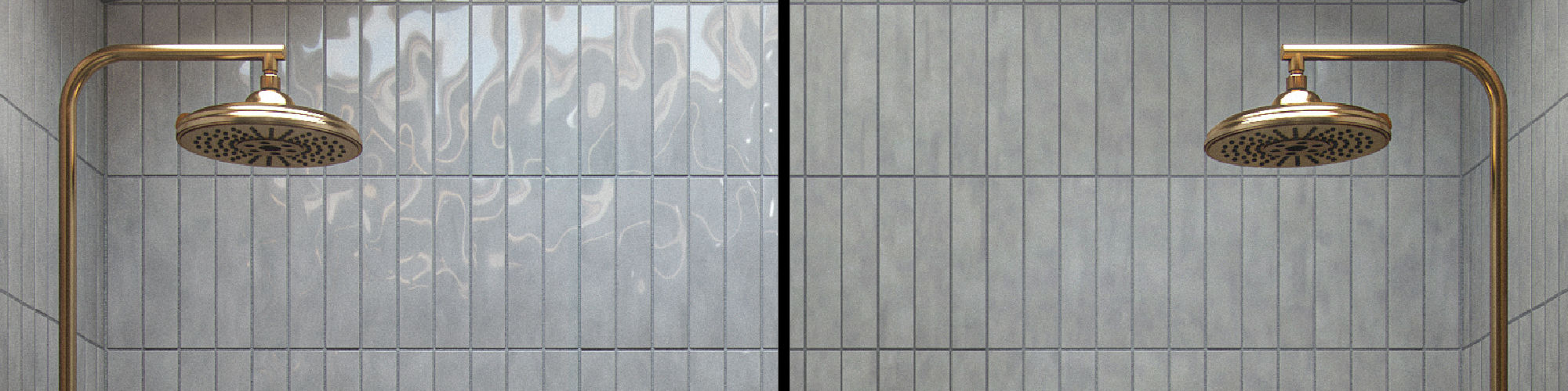Shower showing matte and glossy rectangle beige tile, and golden showerheads.