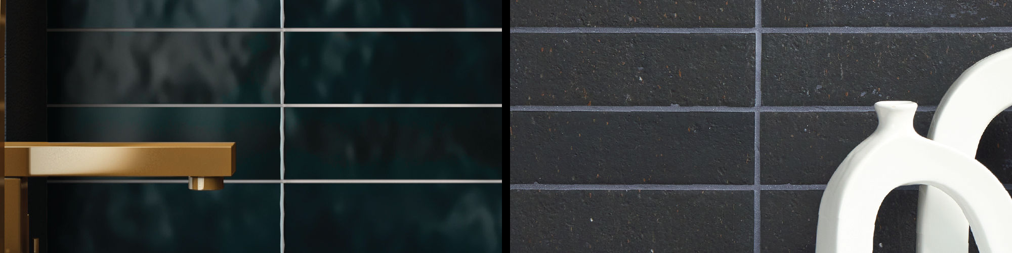 Dark blue glossy rectangle subway tile on bathroom wall and matte gray rectangle subway tile on back wall of room.