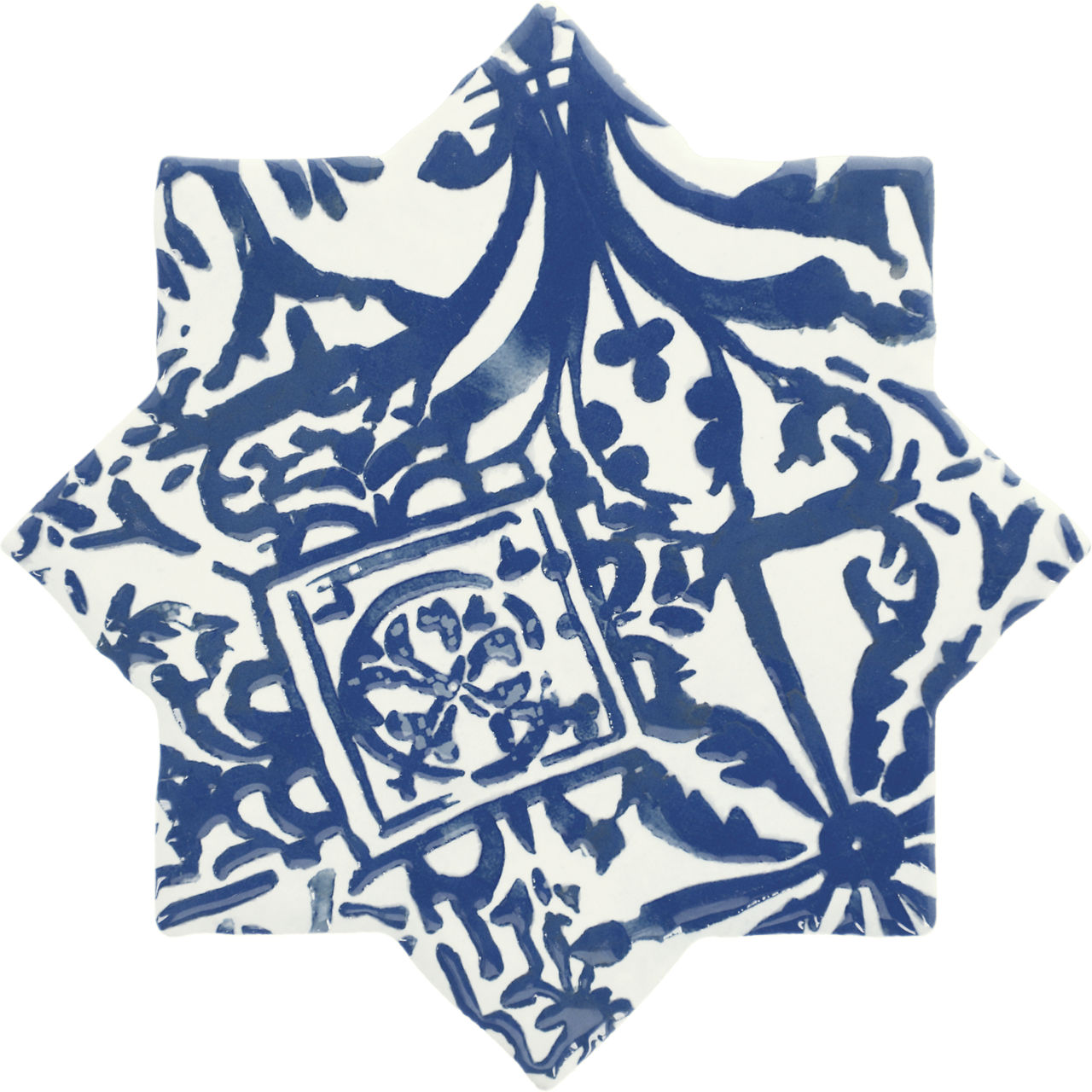 A star-shaped ceramic tile features an intricate blue floral and geometric pattern on a white background. The design includes stylized leaves and a central square motif, evoking a traditional or Mediterranean aesthetic. The tile's sharp points and sy