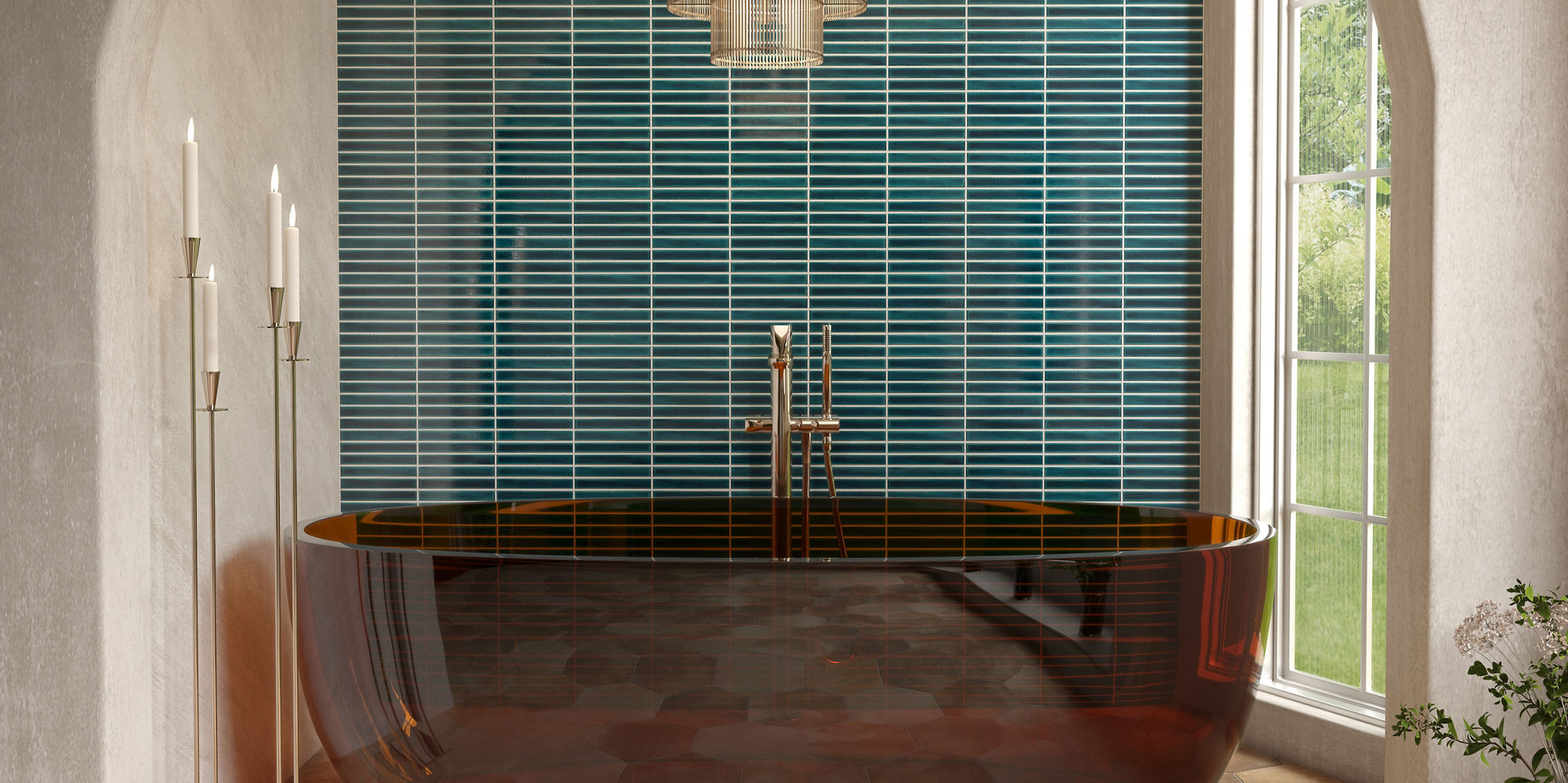 Bathroom with red bathtub, orange hexagon floor tile, white walls, and blue fluted tile on back wall.