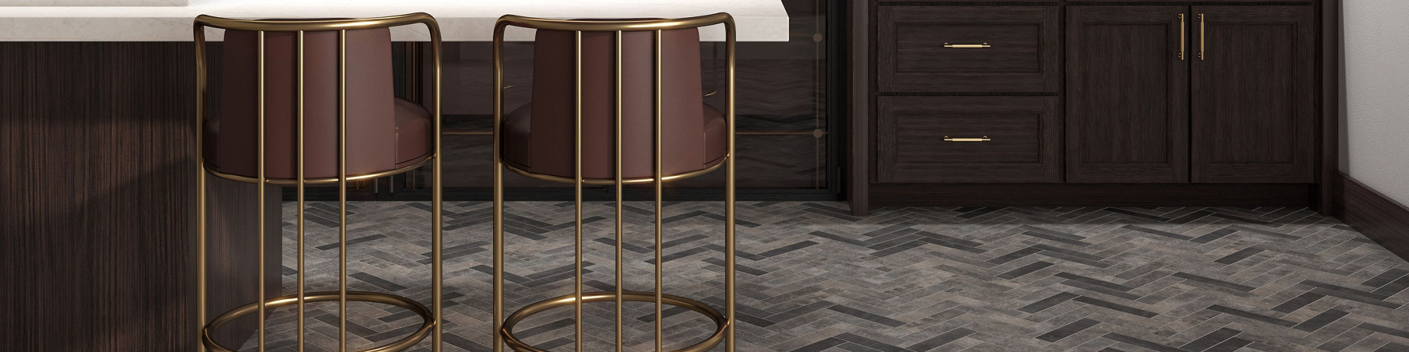 Bar with gray rectangle cotto look floor tile in chevron pattern, dark wood cabinets, back wall with wine, and gold accents.