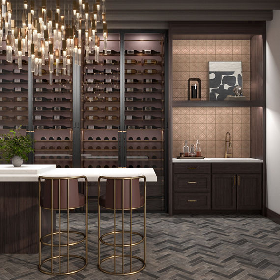 Bar with gray rectangle cotto look floor tile in chevron pattern, dark wood cabinets, back wall with wine, and gold accents.